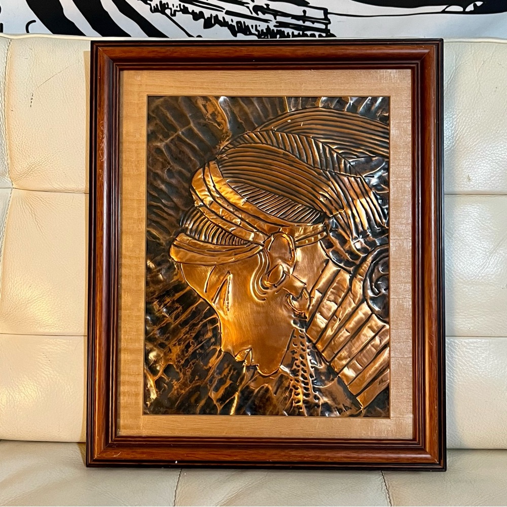 Antique Copper Repoussé African Girl Metal Artwork 13x15.5